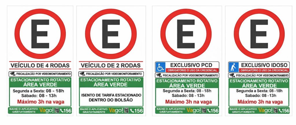 Placas de sinalização do Estacionamento Rotativo Área Verde