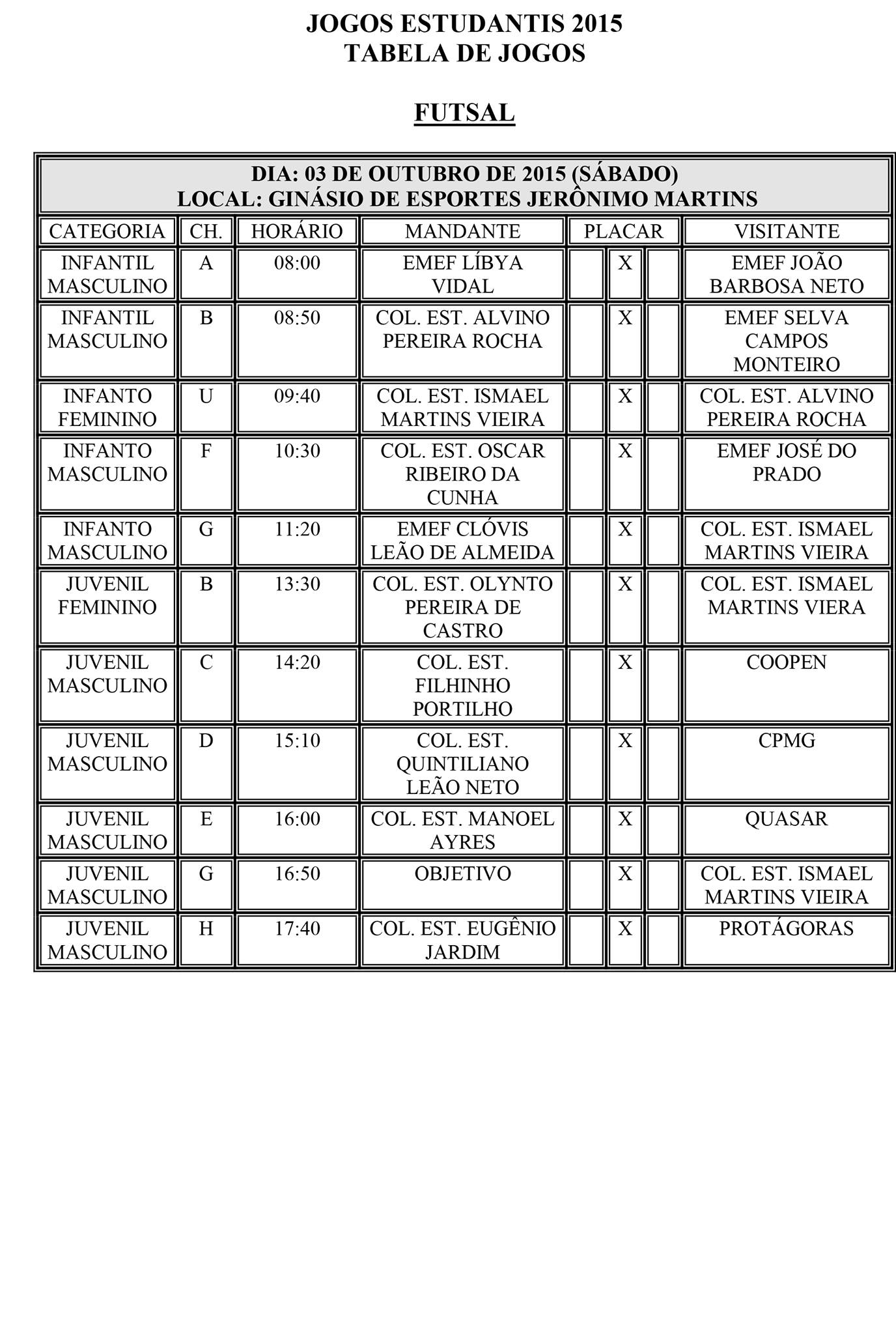 Tabela dos Jogos Estudantis 2015 para disputa nesse final de