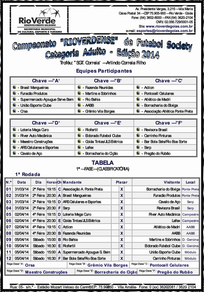 TABELA completa dos jogos válidos pelo Campeonato RIO-VERDENSE de